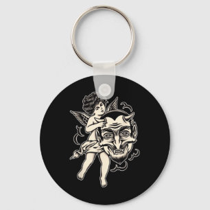 Cherub And Satan Traditional Tattoo Blackwork Key Ring