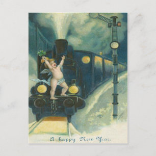 Cherub Angel Four Leaf Clover Train Postcard