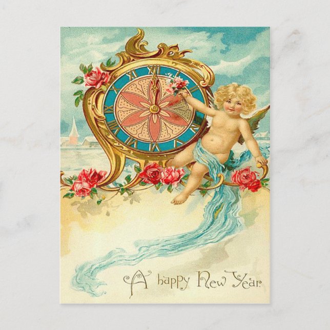 Cherub Angel Rose Clock New Year Holiday Postcard (Front)