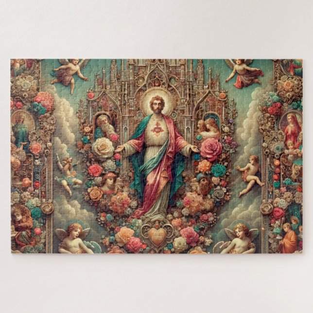 Cherub Angels Jesus Floral Collage Jigsaw Puzzle (Horizontal)