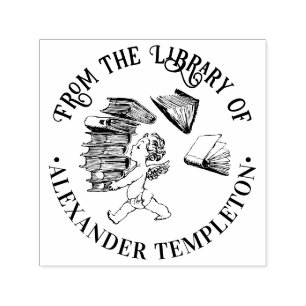 Cherub Carrying Falling Pile of Books Library Name Self-inking Stamp