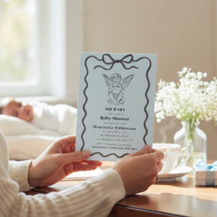 Cherubic Angel Baby Blue Striped Baby Shower Invitation