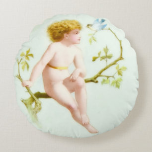 Cherubic Golden Angel Sits on Tree with Blue Bird Round Cushion