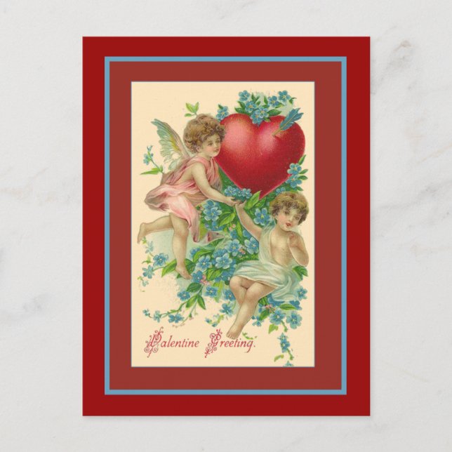 Cherubs and Hearts Vintage Valentine Greetings Holiday Postcard (Front)