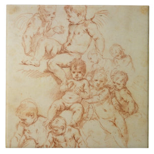 Cherubs, early 17th century (red chalk on paper) ceramic tile