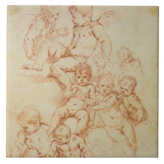 Cherubs, early 17th century (red chalk on paper) ceramic tile (Front)