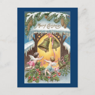Cherubs Hanging Bells Vintage Christmas Holiday Postcard