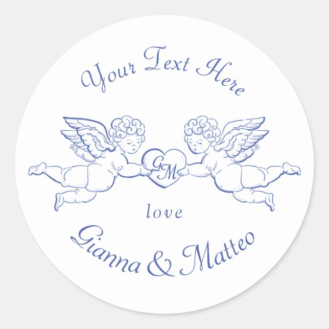 Cherubs Holding Heart Couple Cupids Initials Classic Round Sticker (Front)