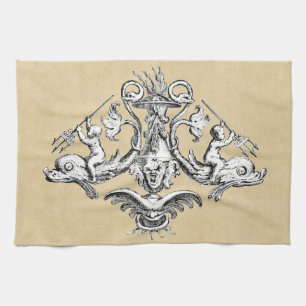 Cherubs with Tridents on Dolphins Tea Towel