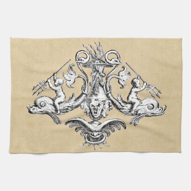Cherubs with Tridents on Dolphins Tea Towel (Horizontal)