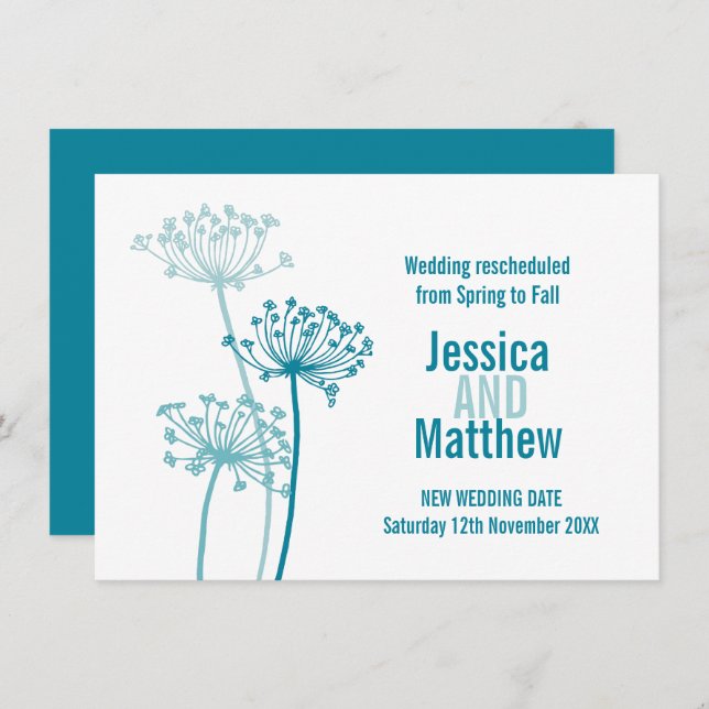 Chervil flowerheads aqua teal wedding rescheduled invitation (Front/Back)
