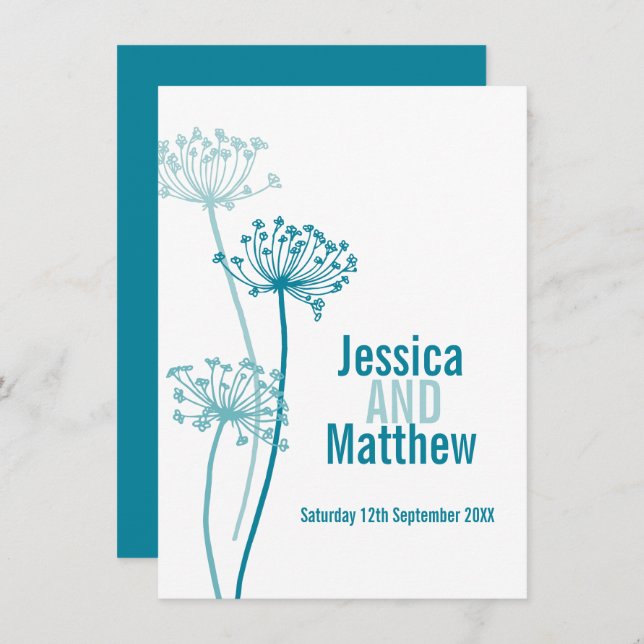Chervil graphic modern flower teal fall wedding invitation (Front/Back)