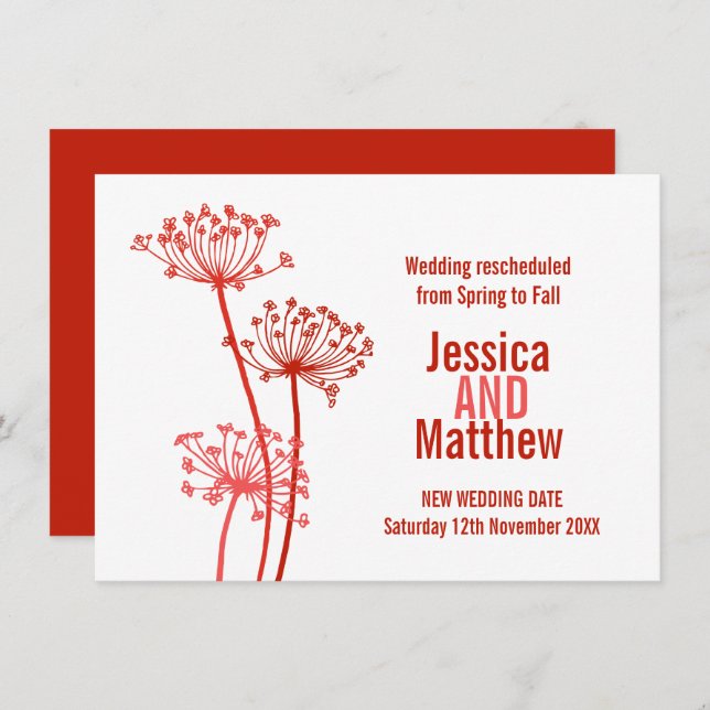 Chervil modern flowerheads red wedding rescheduled invitation (Front/Back)