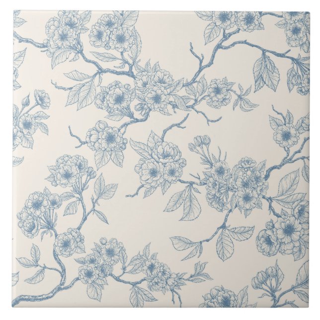 Chery blossom branches in blue and off white ceramic tile (Front)