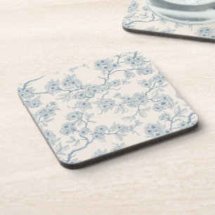 Chery blossom branches in blue and off white coaster