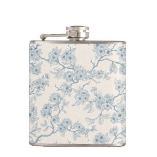 Chery blossom branches in blue and off white hip flask