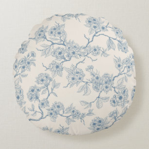 Chery blossom branches in blue and off white round cushion
