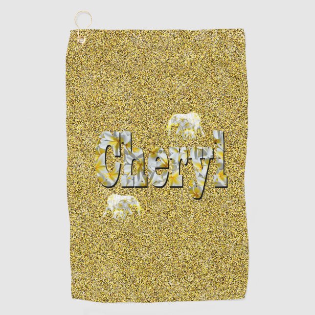 Cheryl, Name On Gold With Frangipani Elephants,  Golf Towel (Front)