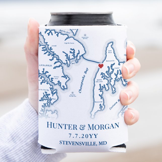 Chesapeake Bay Beach Club Blue Wedding Favour Drin Can Cooler (Can Coozie Wedding Favor for a Chesapeake Bay Beach Club Wedding with Navy Blue Stevensville MD Map)