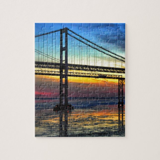 Chesapeake Bay Bridge Icy Sunset Silhouette Jigsaw Puzzle (Vertical)