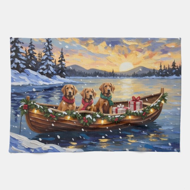 Chesapeake Bay Retriever Christmas Boat Holiday Tea Towel (Horizontal)