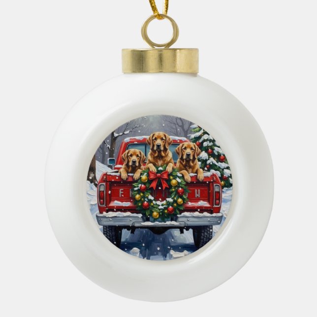 Chesapeake Bay Retriever Christmas Red Truck  Ceramic Ball Christmas Ornament (Front)