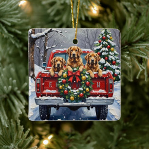 Chesapeake Bay Retriever Christmas Red Truck Ceramic Ornament