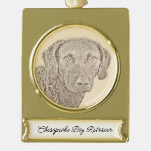 Chesapeake Bay Retriever Painting Original Dog Art Gold Plated Banner Ornament