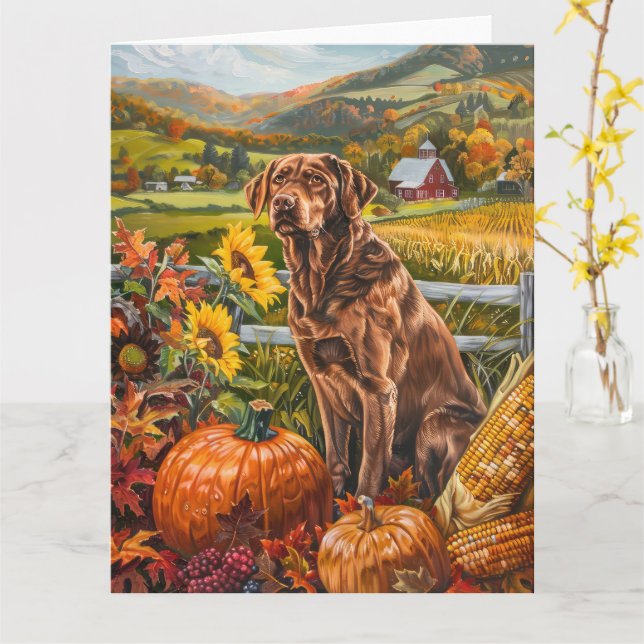 Chesapeake Bay Terrier Autumn Harvest Thanksgiving Card (Yellow Flower)