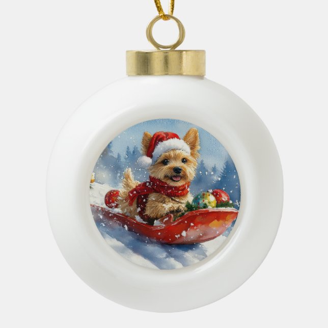Chesapeake Bay Terrier Dog in Sledge Christmas Ceramic Ball Christmas Ornament (Front)