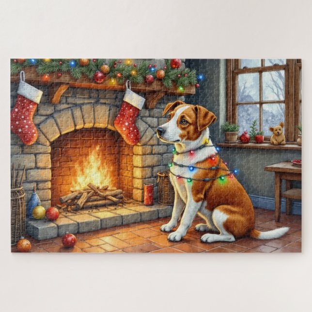 Chesapeake Bay Terrier Fireplace Christmas Lights Jigsaw Puzzle (Horizontal)