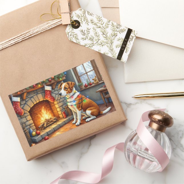 Chesapeake Bay Terrier Fireplace Christmas Lights Rectangular Sticker (Gifting)