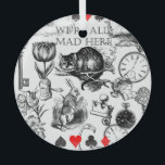 Cheshire Cat classic alice in wonderland mad Glass Tree Decoration<br><div class="desc">The Cheshire cat is one of the most endearing and memorable of the Alice in Wonderland characters. This collage of Alice features the Cheshire cat,  wonderland creatures,  and we're all mad here!</div>