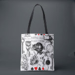 Cheshire Cat classic alice in wonderland mad Tote Bag<br><div class="desc">The Cheshire cat is one of the most endearing and memorable of the Alice in Wonderland characters. This collage of Alice features the Cheshire cat,  wonderland creatures,  and we're all mad here!</div>