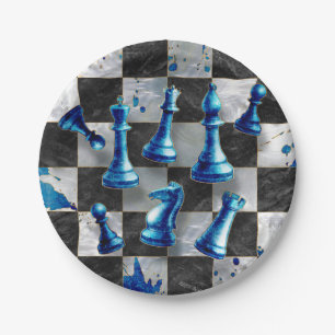 Chess Abstract Art - Blue Marble Paper Plate