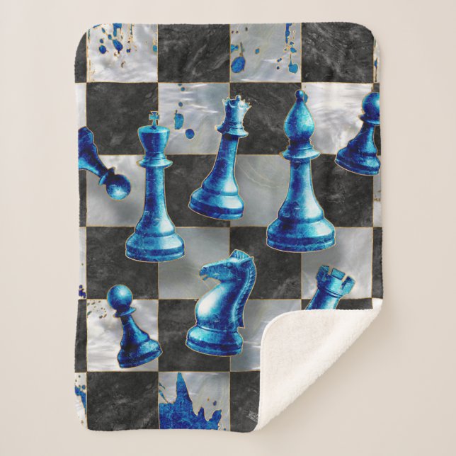 Chess Abstract Art - Blue Marble Sherpa Blanket (Front)