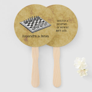 Chess and Chess Board Vintage WBG Distressed Hand Fan