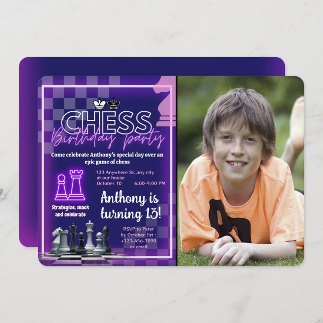 Chess Birthday Party Invitation Custom Photo Neon (Front/Back)