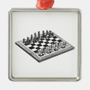 Chess Board and Chess Pieces Vintage Art Metal Tree Decoration
