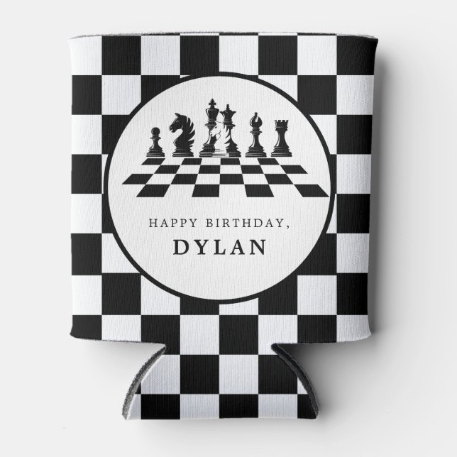 Chess Board & Pieces Game Night Happy Birthday Can Cooler (Front)
