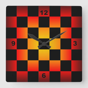 Chess ~ Chequerboard Clock Black & Fire Background