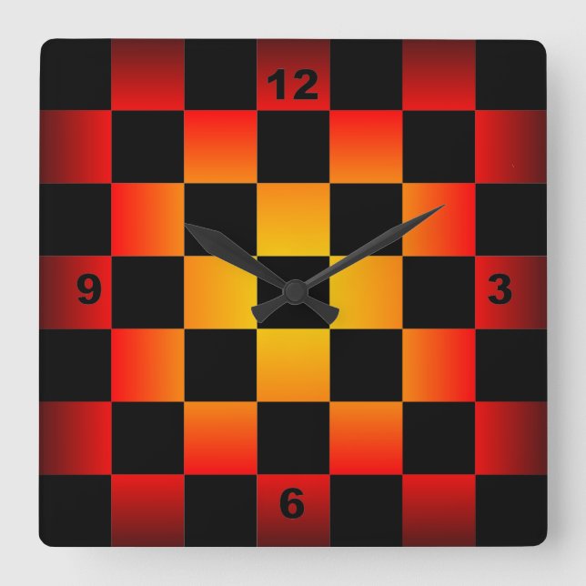 Chess ~ Chequerboard Clock Black & Fire Background (Front)