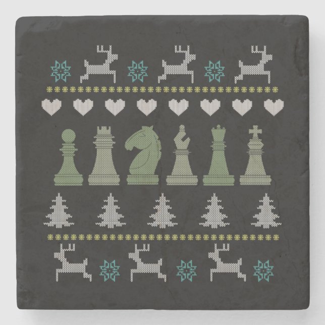 Chess - Chess Pieces Ugly Christmas Stone Coaster (Front)