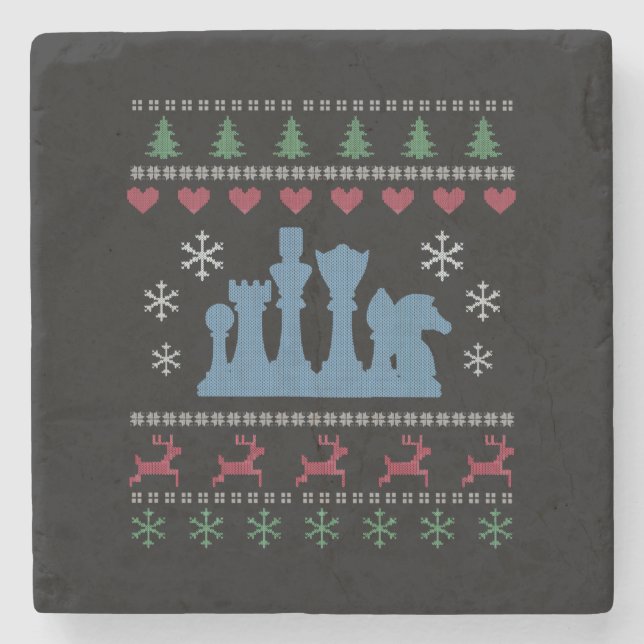 Chess - Chess Pieces Ugly Christmas Stone Coaster (Front)