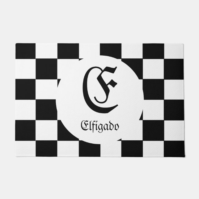 Chess Club Custom Name Initial Chequered Doormat (Front)