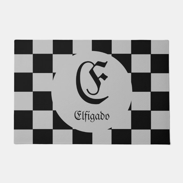 Chess Club Custom Name Initial Chequered Doormat (Front)