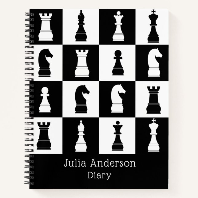 Chess Game Black & White Figures Pattern Name Notebook (Front)