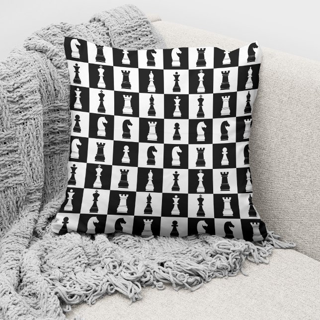 Chess Game Figures Black and White Pattern Cushion (Creator Uploaded)
