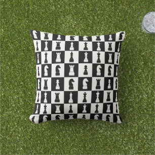 Chess Game Figures Black and White Pattern  Cushion