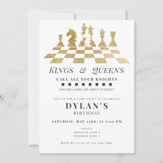 Chess Game Night Call Your Knights Gold Birthday Invitation (Front)